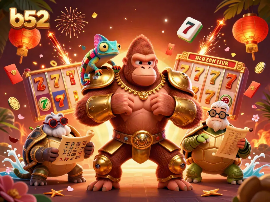 Engage with the b52 gaming scene, featuring a gorilla king, a chameleon, and a tortoise amid dynamic slot reels and festive decorations.