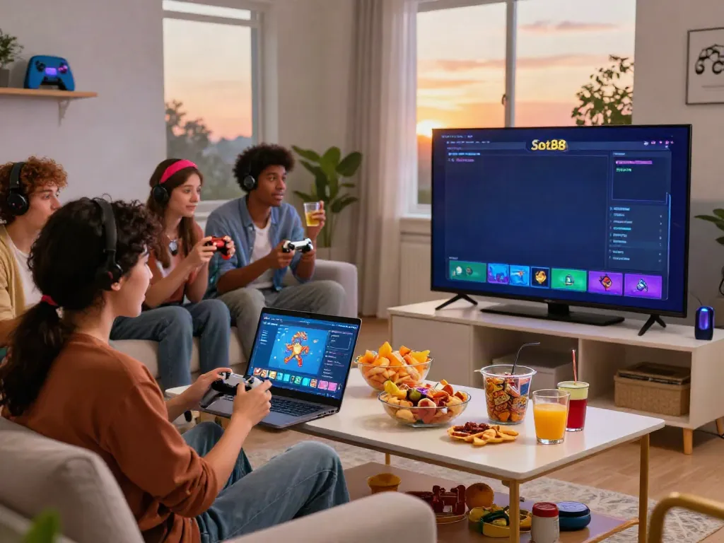 Excited gamers enjoying slot88 on multiple devices in a cozy living room.