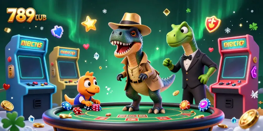Experience the vibrant world of 789CLUB with a velociraptor card counter at a dynamic blackjack scene.