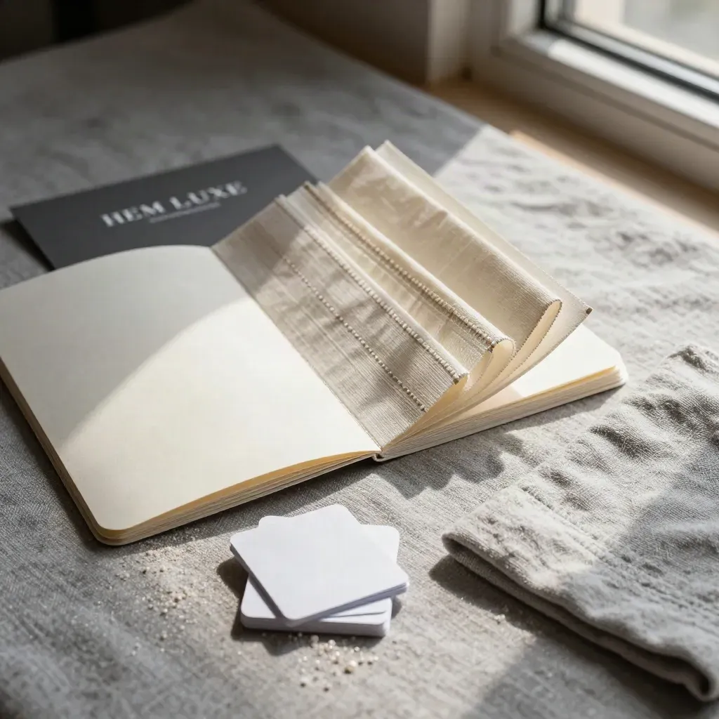 Makro zestawu kursu o podwijaniu: ivory booklet, próbki szwów i lniane próbki.