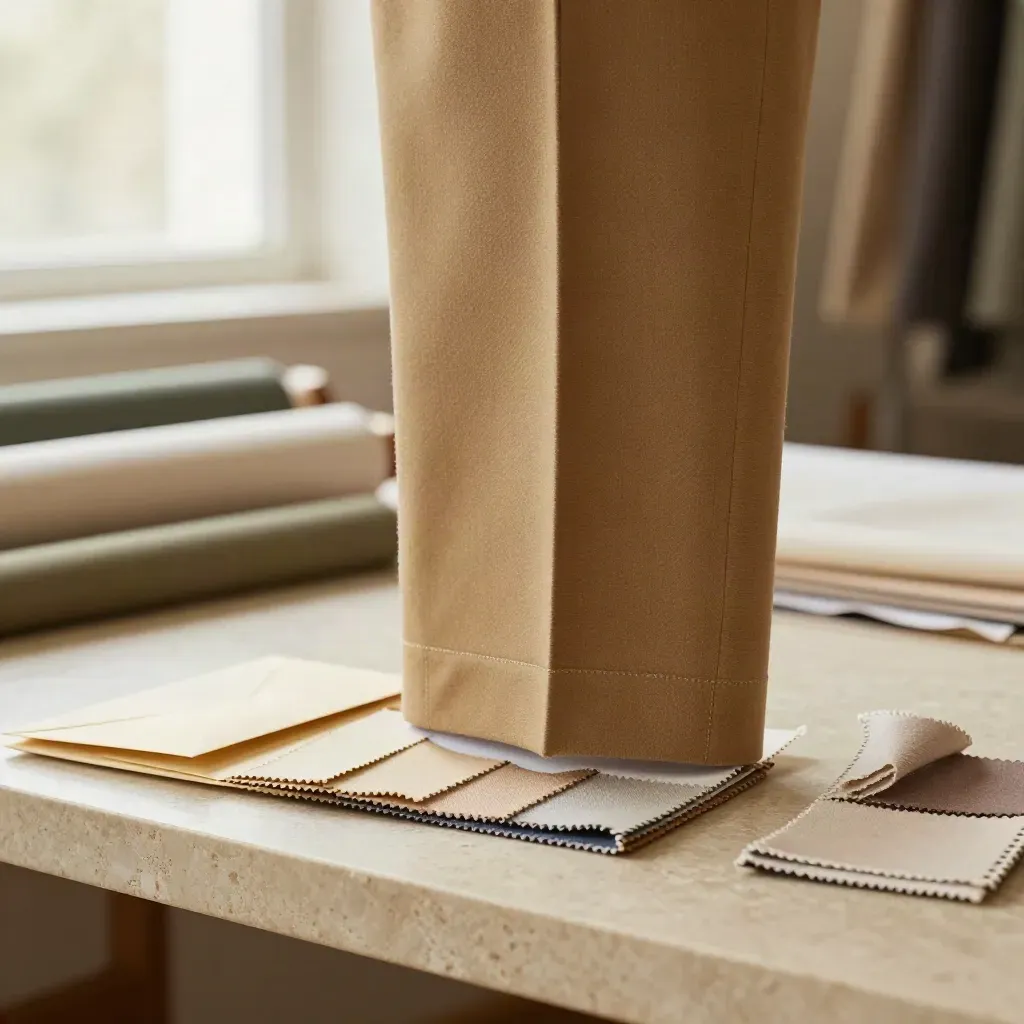 Pakiet atelier ze spodniami, próbkami tkanin i kopertą na jasnym kamiennym blacie.