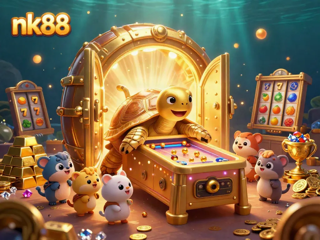 Play exciting games with nk88's vibrant pinball-themed casino illustrated scene featuring light and treasure.