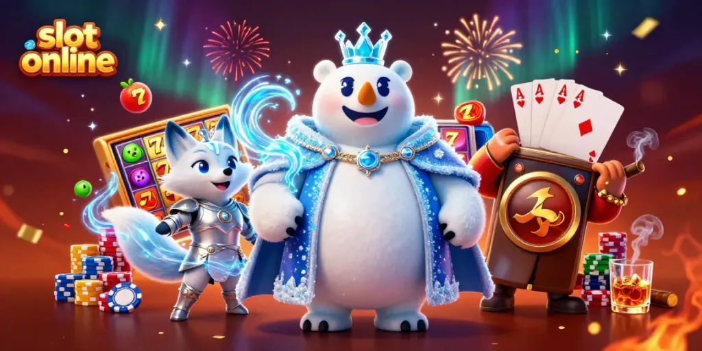 Spin the reels with vibrant symbols in this slot online casino scene featuring a polar bear and snow fox.