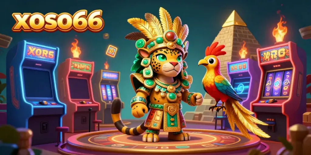 Experience xoso66's vibrant world with Mayan themes, slot machines, and glowing game icons.
