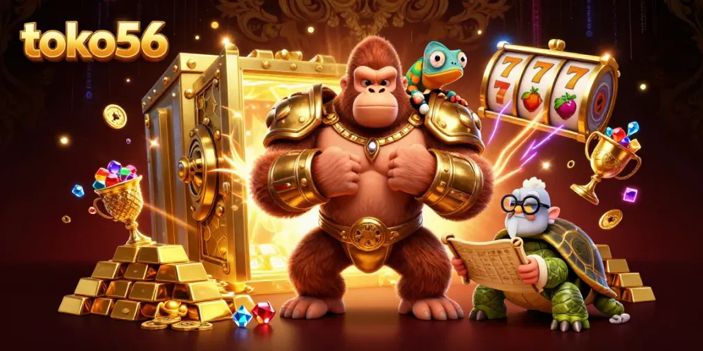 Experience exciting gameplay at toko56 with vibrant slot reels, gold treasures, and dynamic characters.