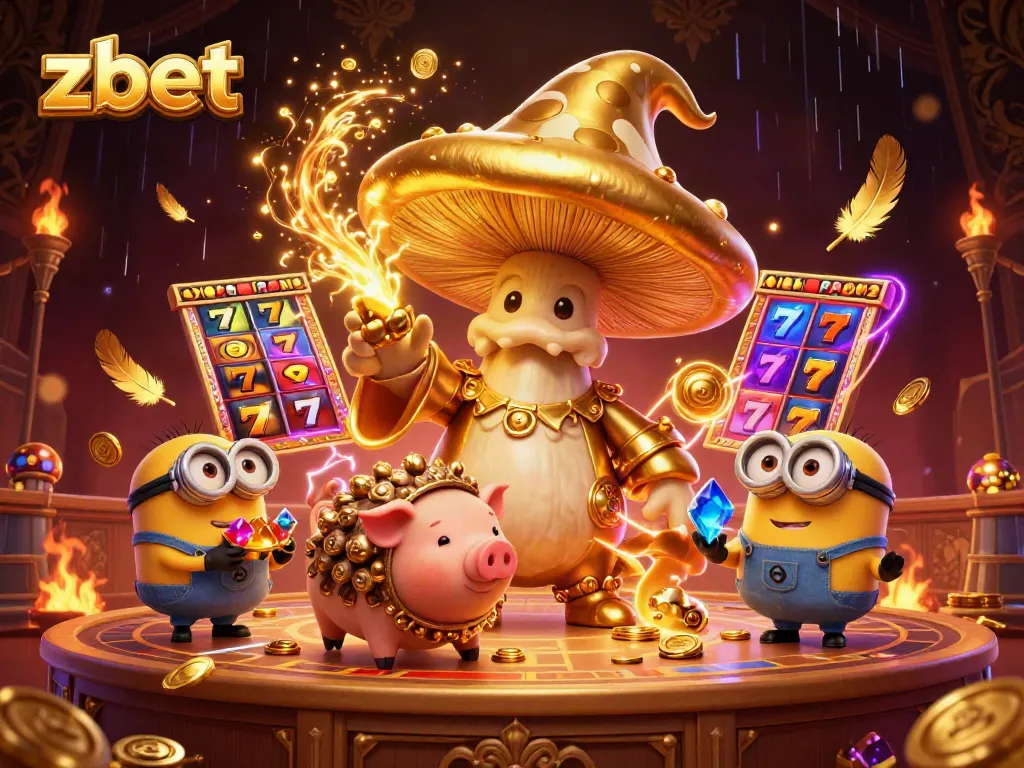 Zbet offers players a dazzling slot experience with golden treasures and captivating game elements in a vibrant 3D illustration.