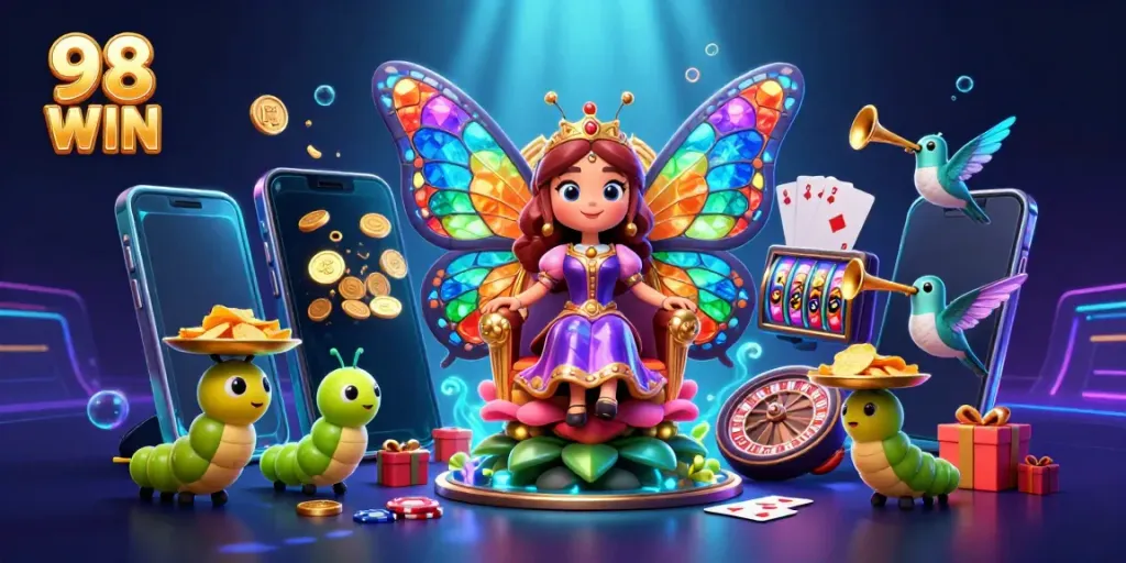 Experience thrilling wins at 98 WIN with vibrant slots and gaming elements in a rich 3D scene.