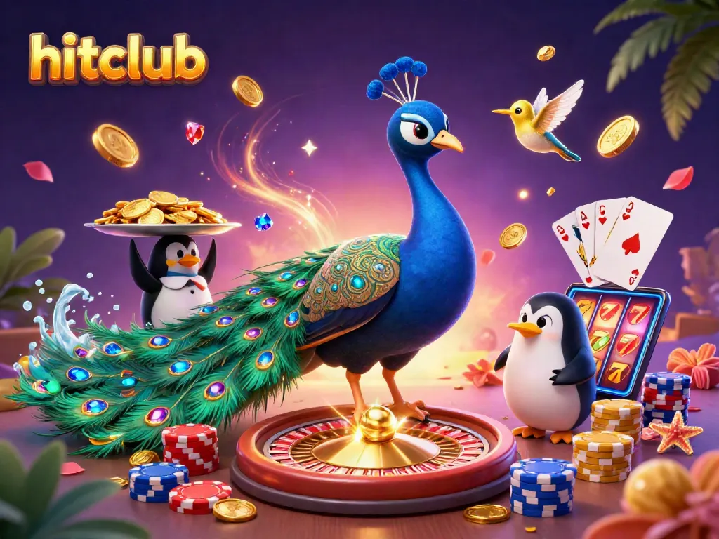 Experience the vibrant hitclub gaming world with stunning visuals of characters amidst cascading coins and casino elements.