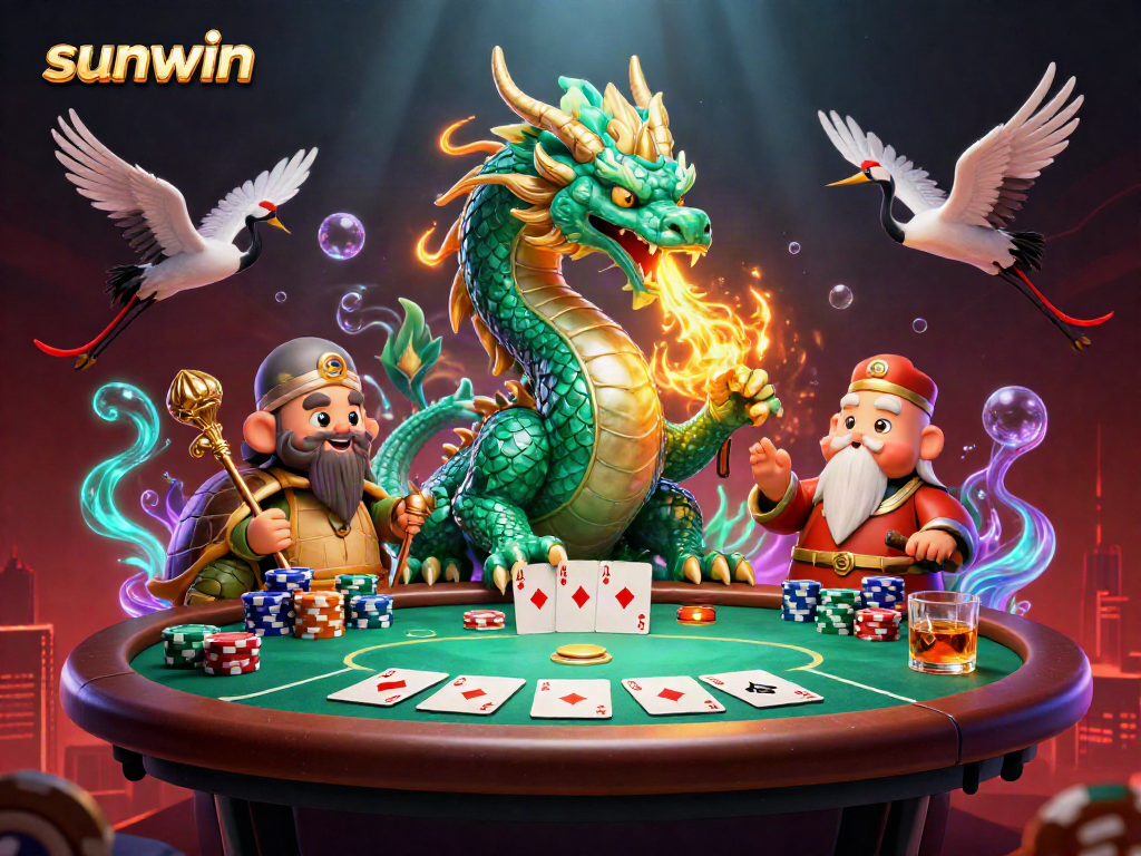 Experience sunwin's dynamic games with a jade dragon, turtle sage, and lucky cranes in a lively casino scene.