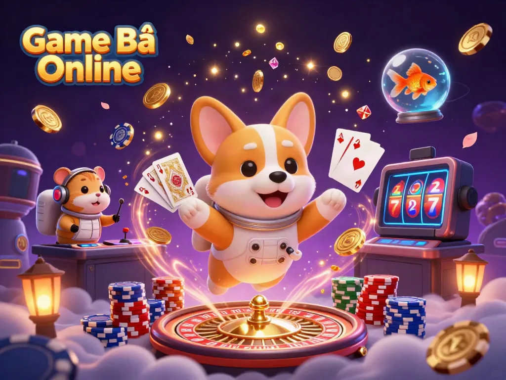Experience the excitement of Game Bài Online with cartoon characters in a vibrant casino space setting.