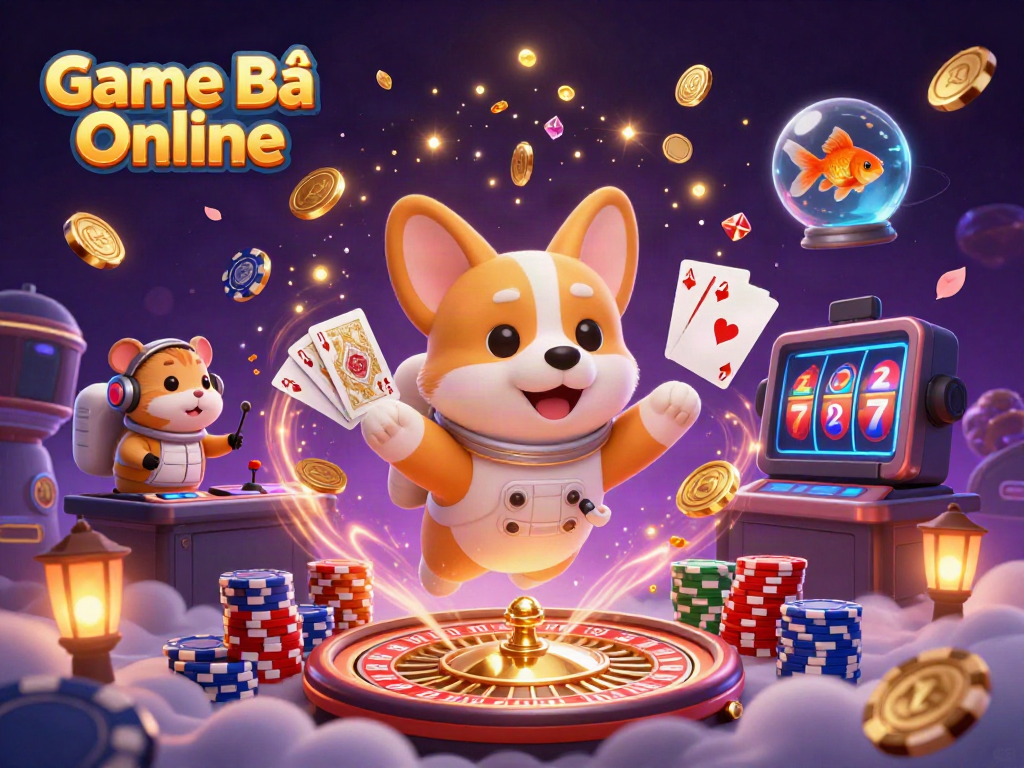 Experience the excitement of Game Bài Online with cartoon characters in a vibrant casino space setting.