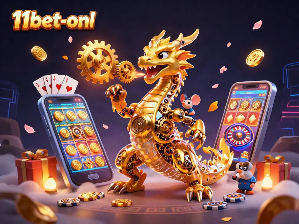 Engage with thrilling gaming experiences at 11bet-onl featuring a gold dragon and vibrant slot elements.