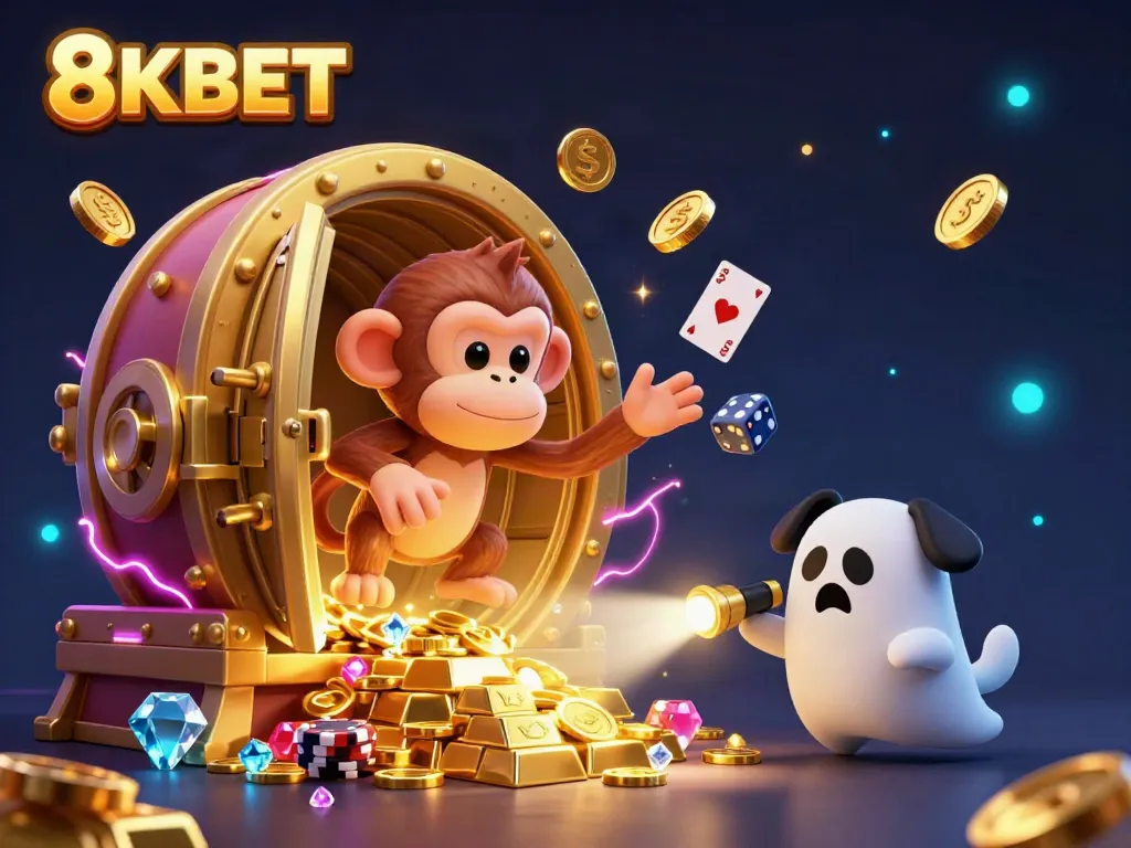 Experience the thrill of 8KBET with a playful ghost-hunter puppy tracking a mischievous monkey in a haunted casino.