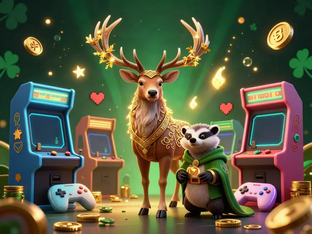 Engage in thrilling games at 8XBET, featuring a druid stag, wise badger, and glowing arcade elements.