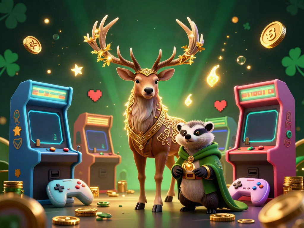 Engage in thrilling games at 8XBET, featuring a druid stag, wise badger, and glowing arcade elements.