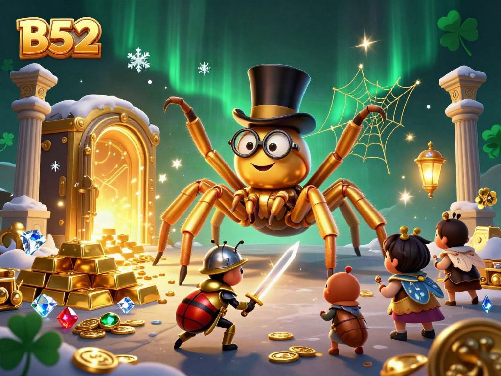 Experience the thrilling world of B52 with a vibrant casino scene featuring gold bars, treasure, and a knight.