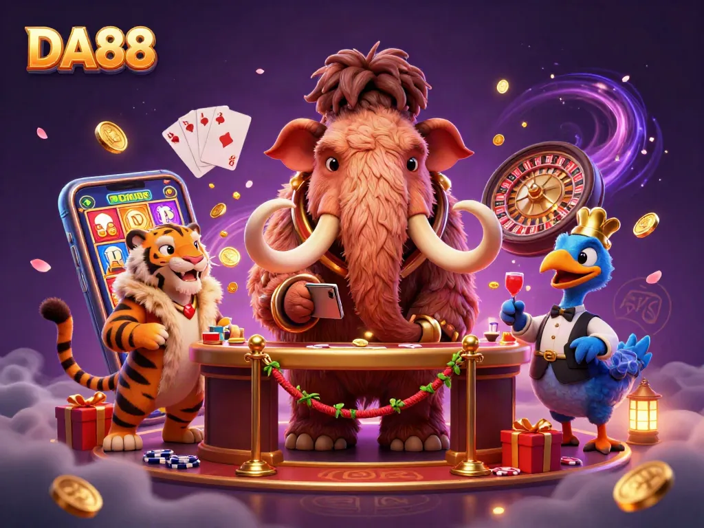 DA88 casino scene showcasing a woolly mammoth bouncer checking IDs amid dynamic slot games and vivid casino elements.