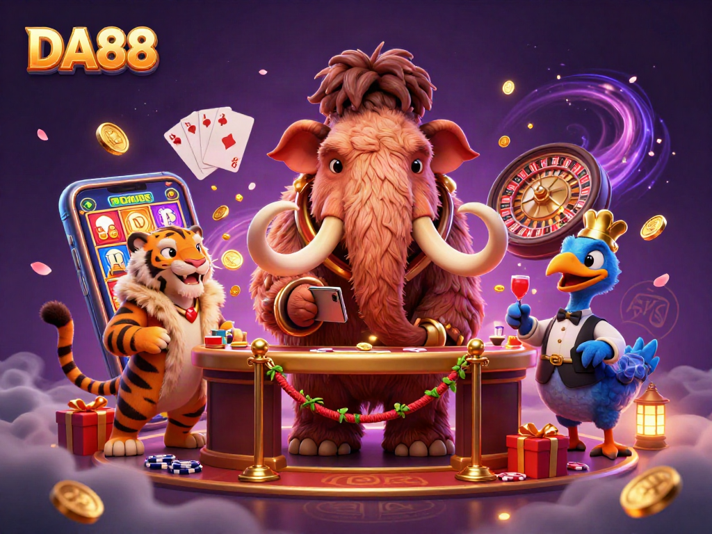 DA88 casino scene showcasing a woolly mammoth bouncer checking IDs amid dynamic slot games and vivid casino elements.