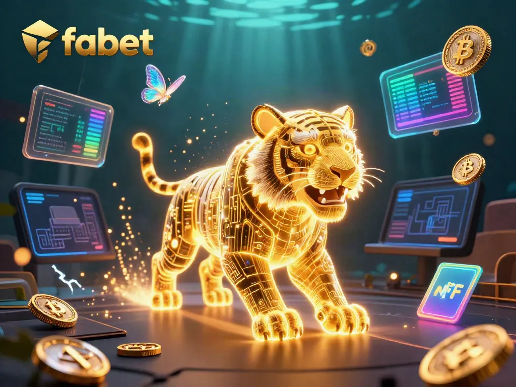 Experience the electrifying environment of fabet, a vibrant casino scene with a golden tiger and cryptocurrency elements.