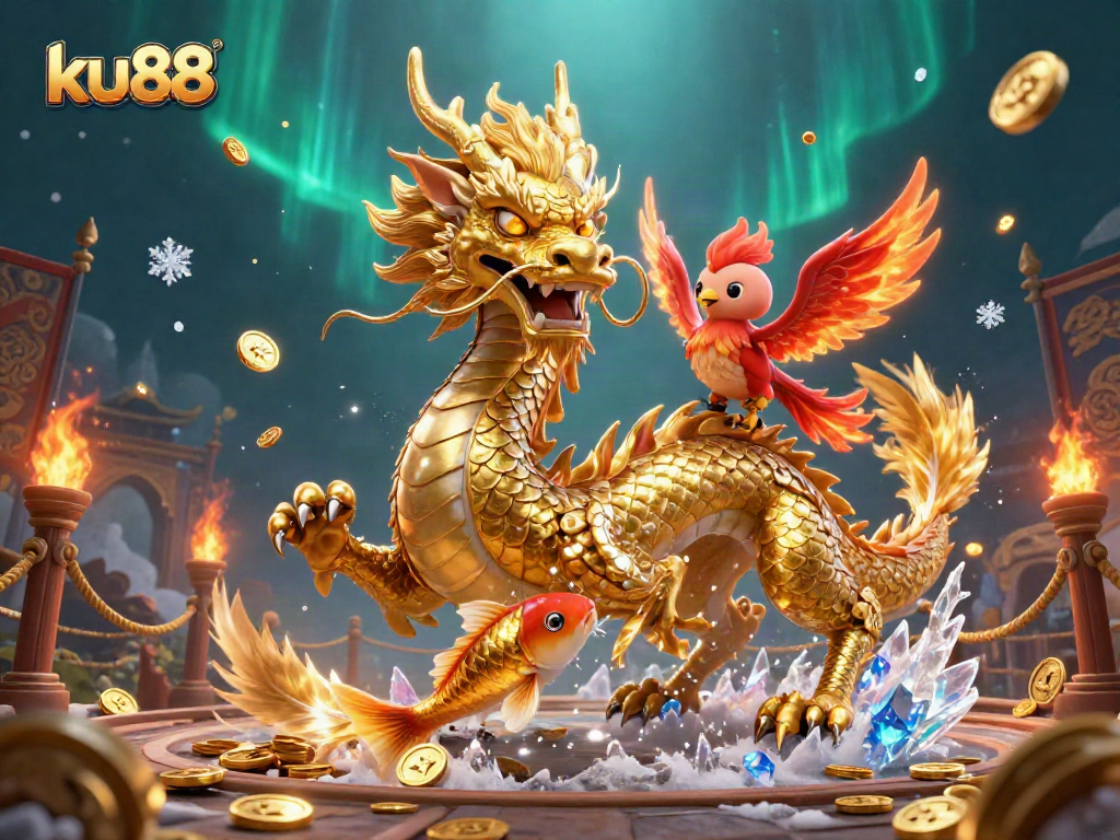 Engage in thrilling bets at ku88 with a fierce dragon, phoenix, and koi fish illustration.
