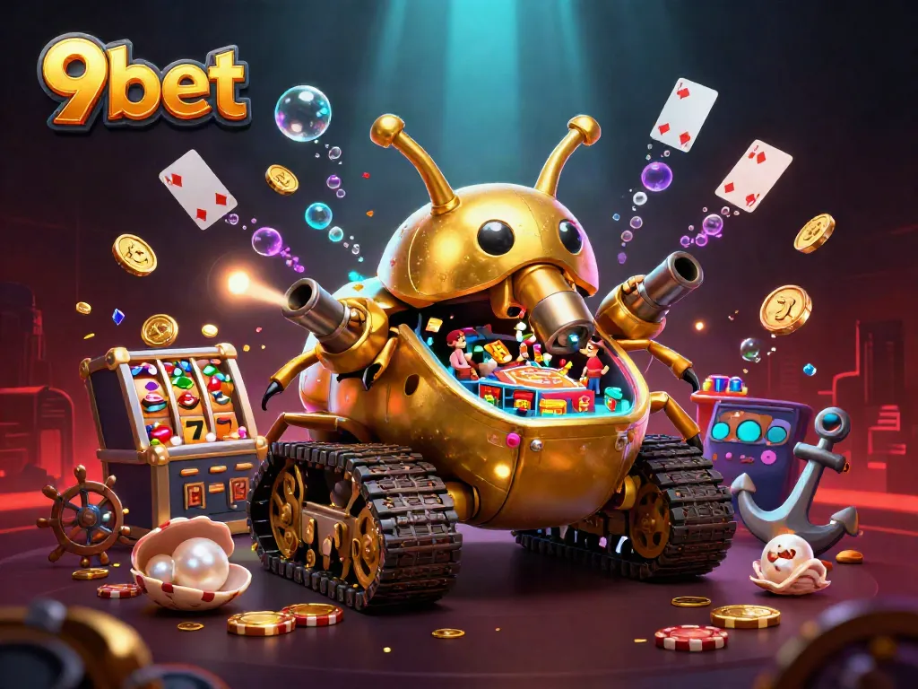 Experience the excitement of 9bet with a colorful 3D casino scene full of games and treasures.