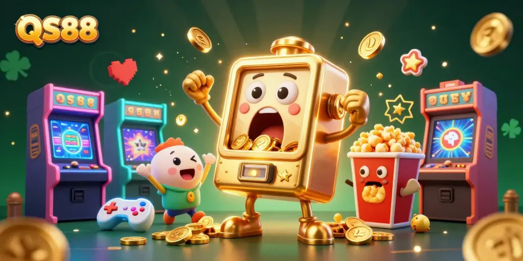Watch the QS88 slot machine win big as it celebrates coins pouring out, surrounded by fun gaming elements.
