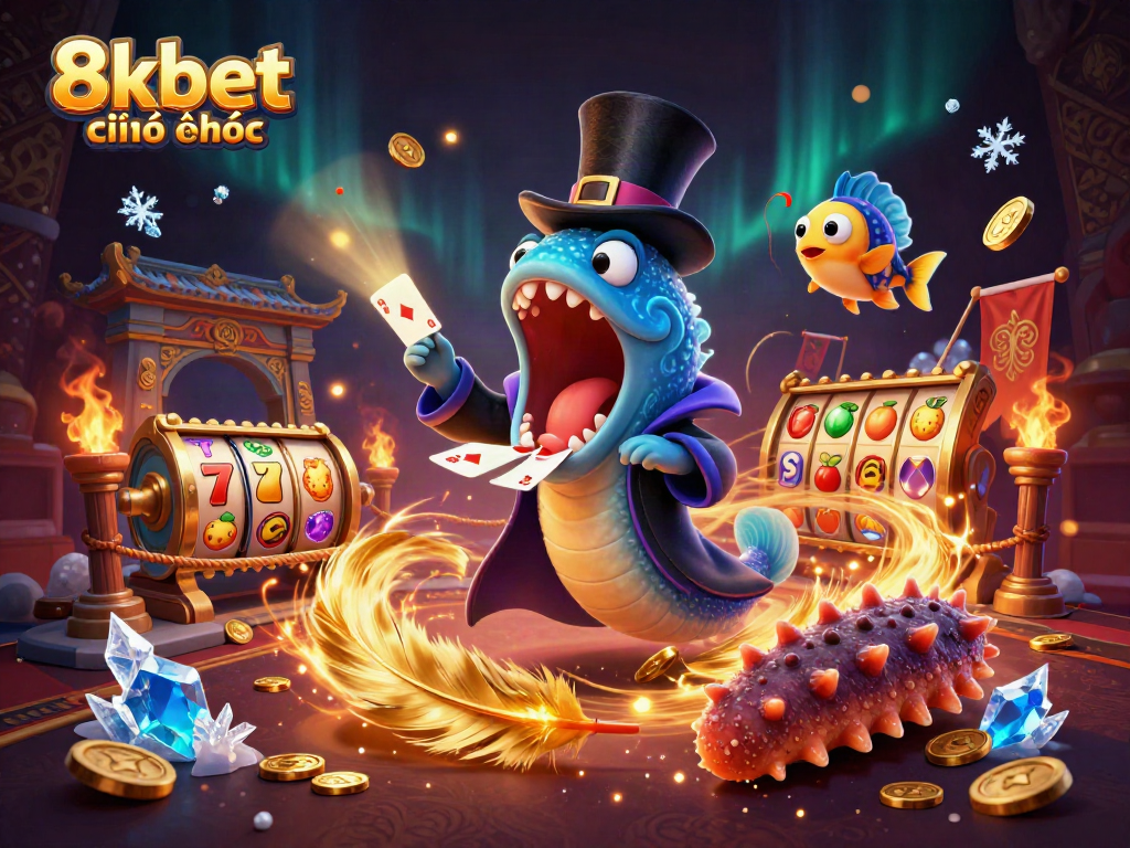 Experience the thrilling magic of 8kbet chính thức with a dazzling casino-themed illustration.