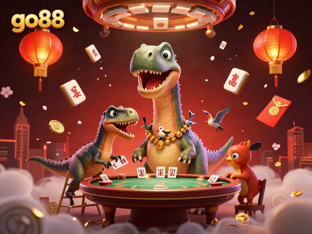Engage with the vibrant world of go88, where a playful brontosaurus oversees a lively poker scene!