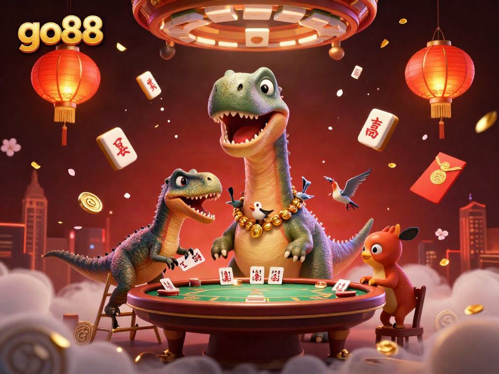 Engage with the vibrant world of go88, where a playful brontosaurus oversees a lively poker scene!