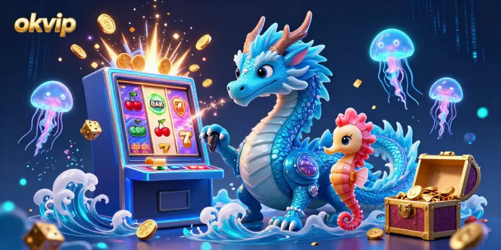 Experience immersive casino action at okvip with a dazzling 3D illustration featuring a water dragon and slot jackpot.