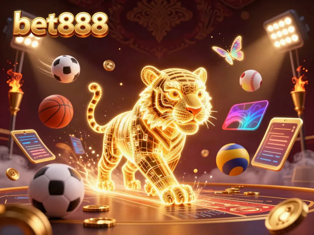 Experience the thrilling bet888 casino scene with a golden tiger and sports elements in a vibrant digital landscape.