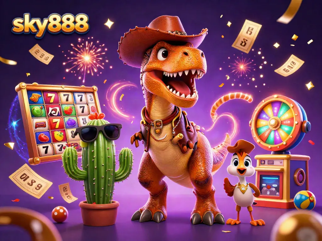 Experience the thrill of sky888 with an engaging T-Rex and casino elements in a colorful scene.