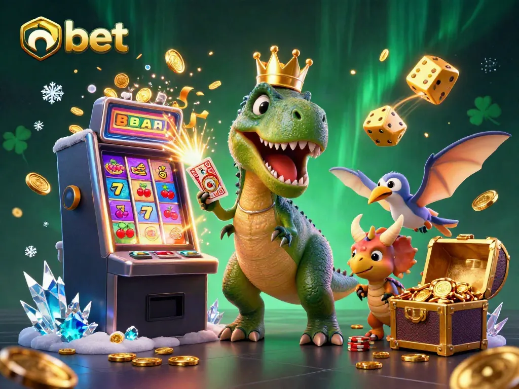 Experience the thrill of nbet with a dynamic scene featuring a T-Rex, pterodactyl, and triceratops amid vibrant casino elements.