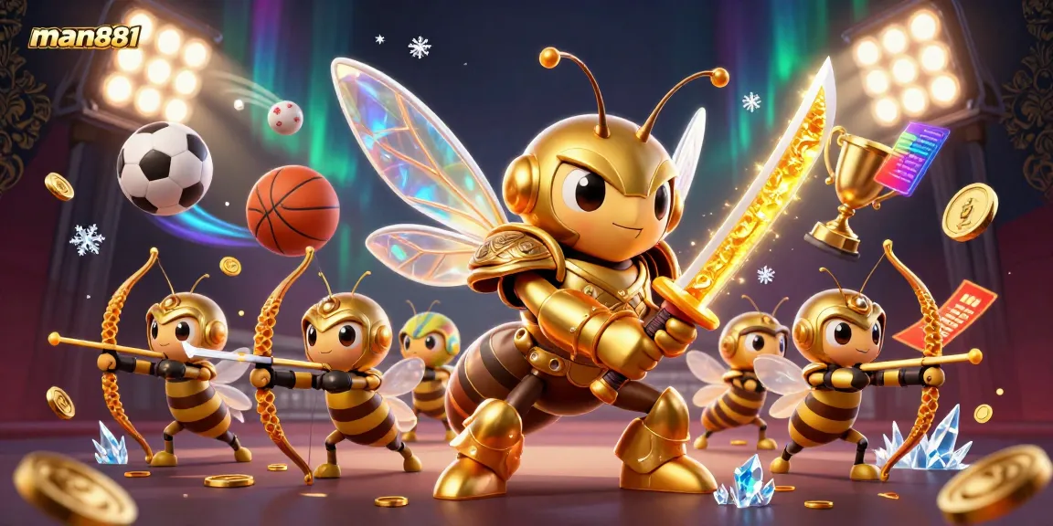 Engage with the vibrant action of man881 casino where golden hornets duel with sports balls and trophies.
