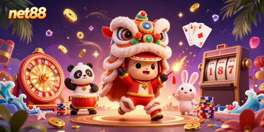 Engage in thrilling gaming with net88: a vibrant 3D lion dance and casino elements combined.