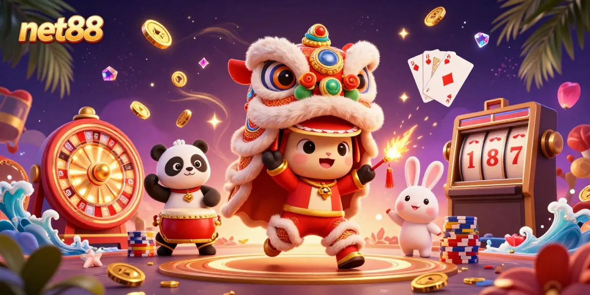 Engage in thrilling gaming with net88: a vibrant 3D lion dance and casino elements combined.