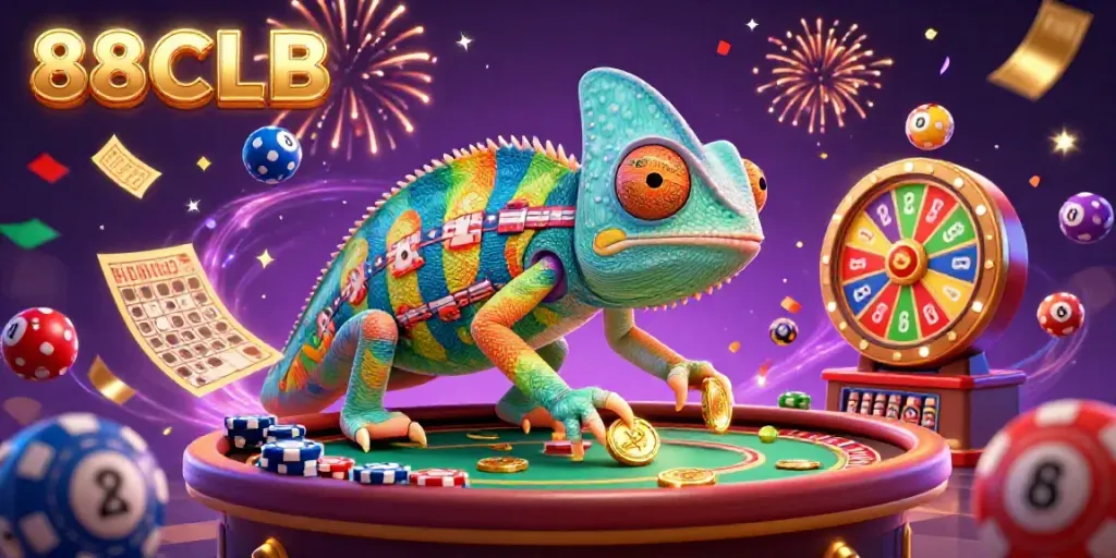 Experience the thrill of 88CLB with a vibrant 3D illustration featuring dynamic gambling elements.