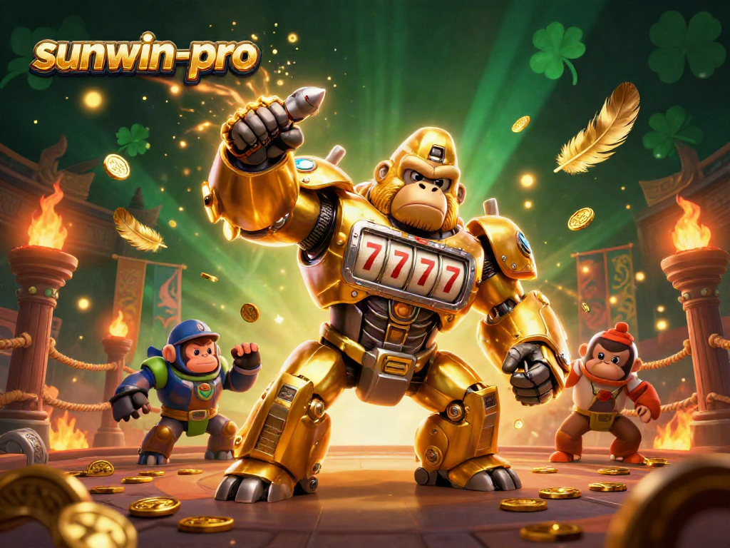 Experience thrilling gameplay at sunwin-pro, featuring an epic golden gorilla mech amidst vibrant casino elements.