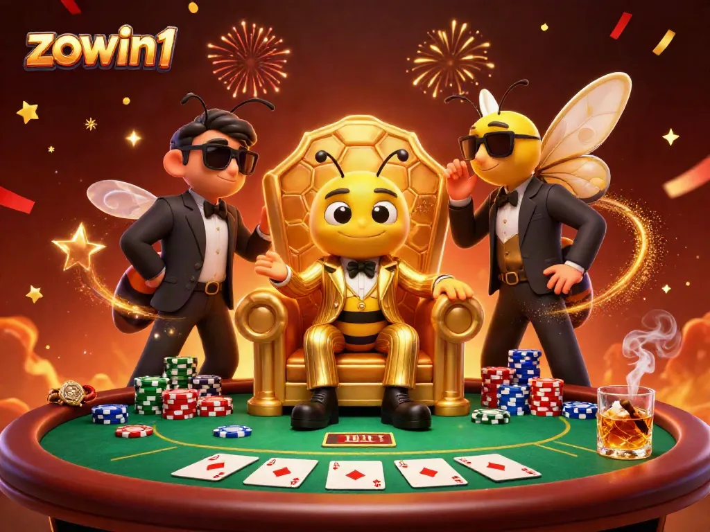 Play poker with the zowin1 mob boss, surrounded by vibrant casino elements in a lavish throne room.