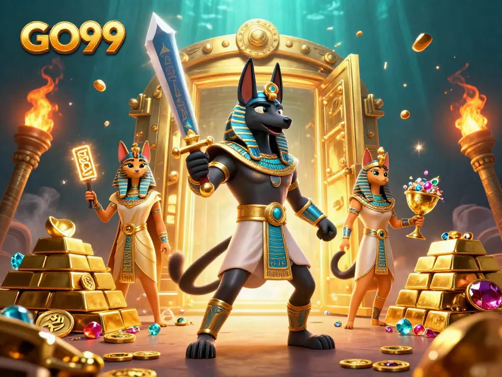 Engage in thrilling gameplay at GO99, featuring Anubis and Bastet surrounded by treasures.