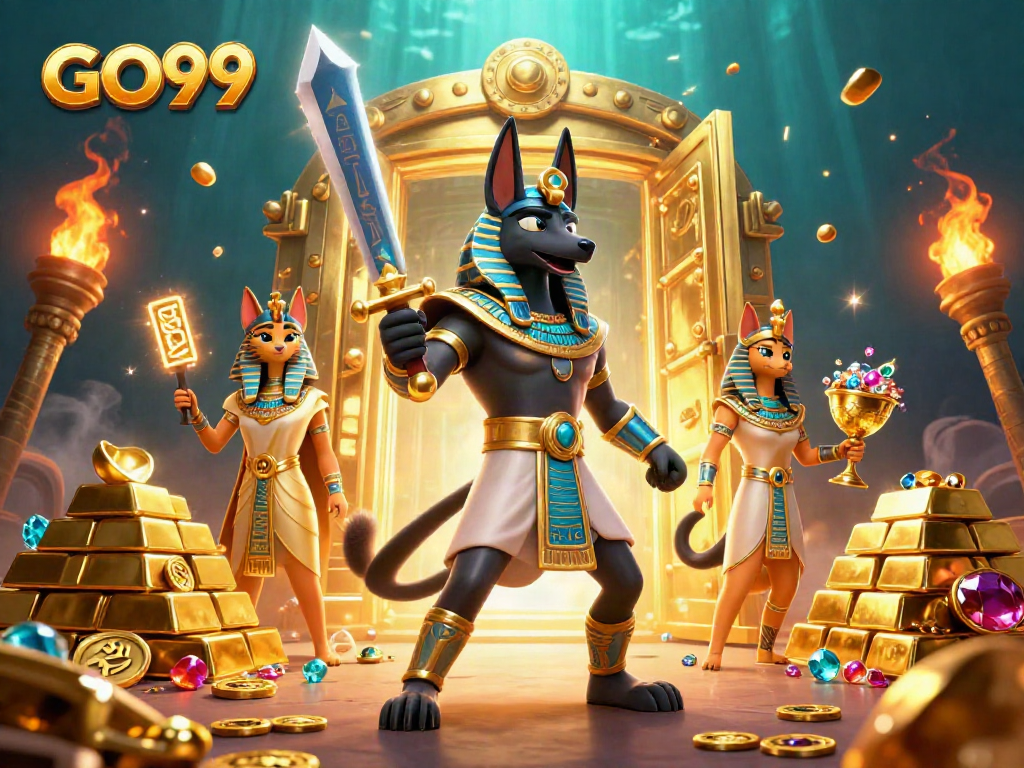 Engage in thrilling gameplay at GO99, featuring Anubis and Bastet surrounded by treasures.