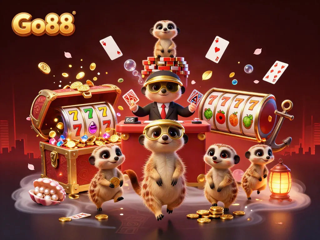 Experience Go88's thrilling casino atmosphere with lively meerkats managing games and treasures.