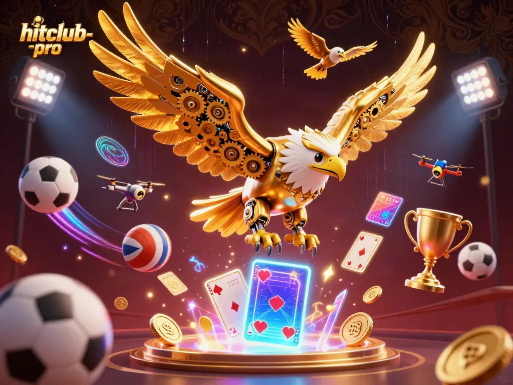 Experience hitclub-pro with a cybernetic eagle soaring through holographic cards, enhancing your gaming adventure.