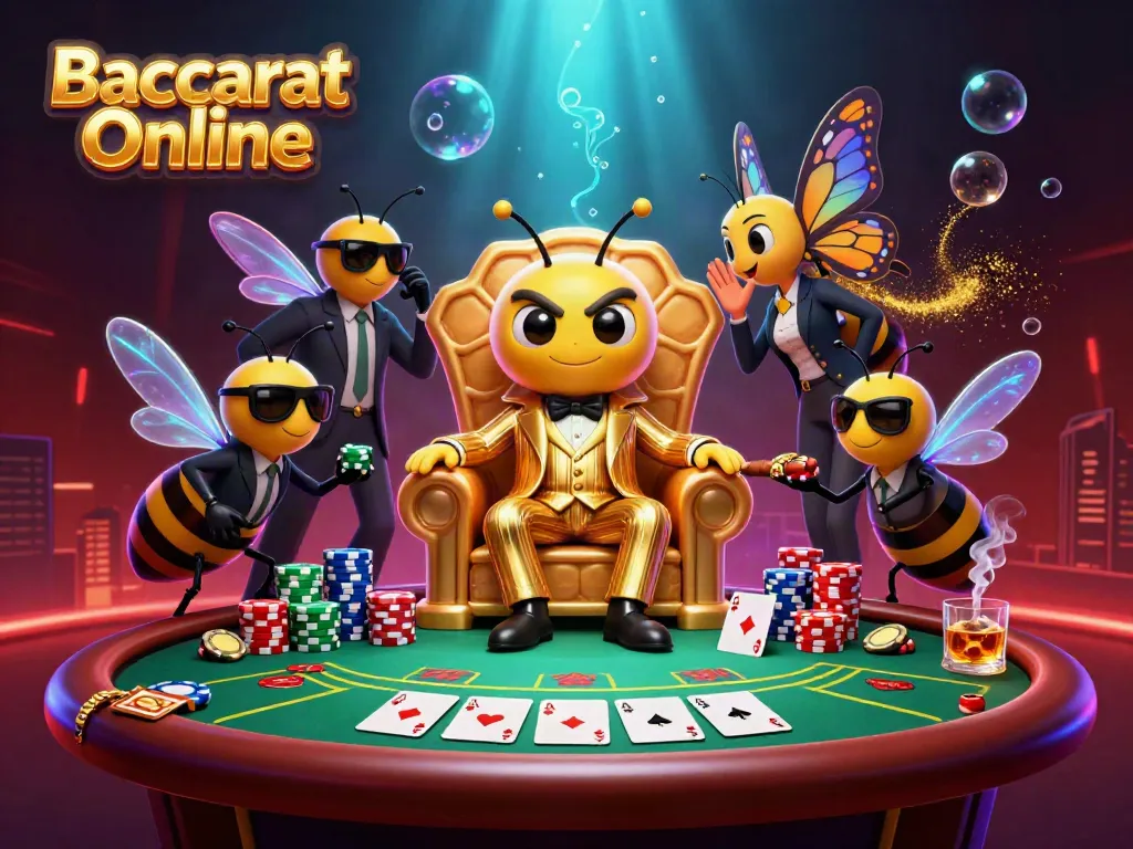 Engaging Baccarat Online scene featuring a stylish bumblebee mob boss, enticing chip stacks, and intense gameplay.