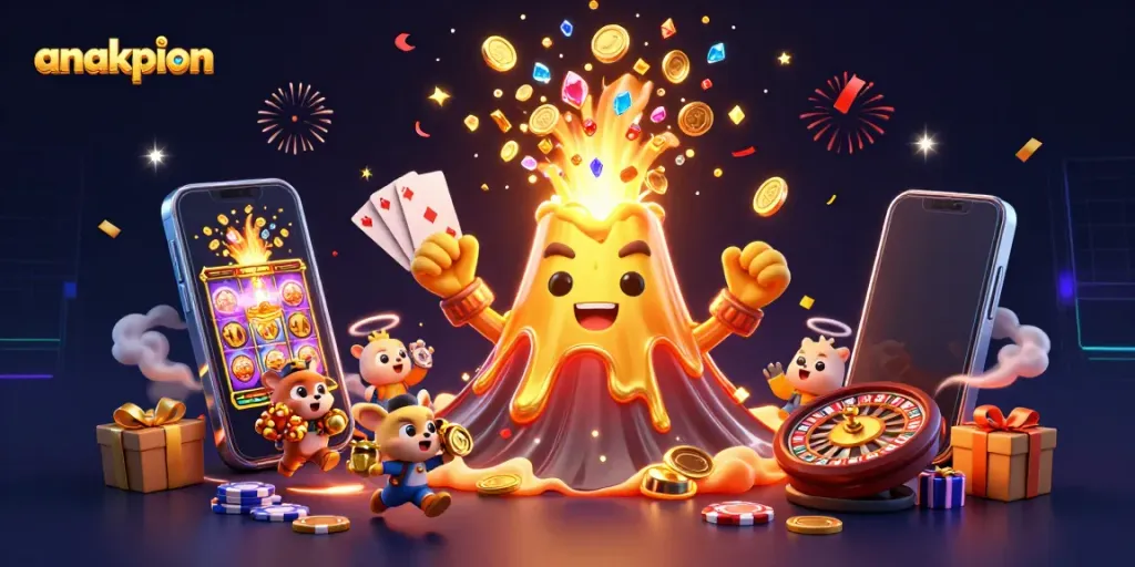 Experience excitement at anakpion with gold coins and treasures erupting in a dynamic casino scene.