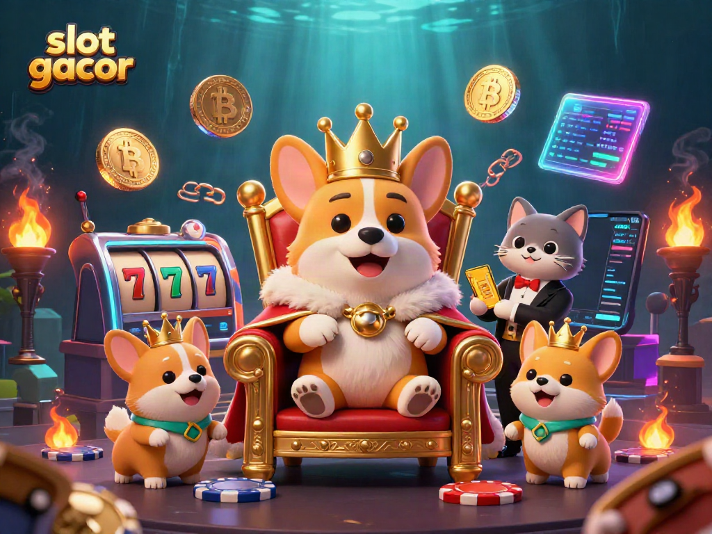 Win big with slot gacor in this vibrant 3D corgi casino illustration featuring golden crowns and neon coins.