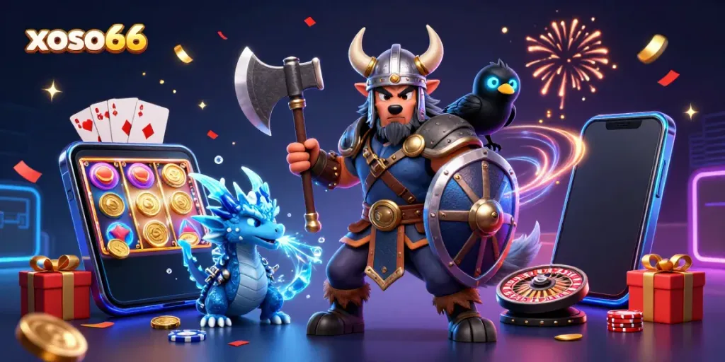 Experience thrills with xoso66 as a Viking wolf, dragon, and raven celebrate gaming excitement.