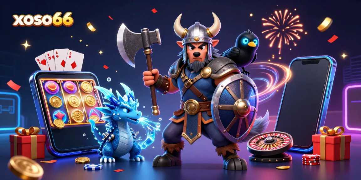 Experience thrills with xoso66 as a Viking wolf, dragon, and raven celebrate gaming excitement.
