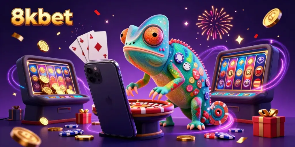 Experience the vibrant allure of 8xbet's interactive casino scene with colorful games and winning elements.