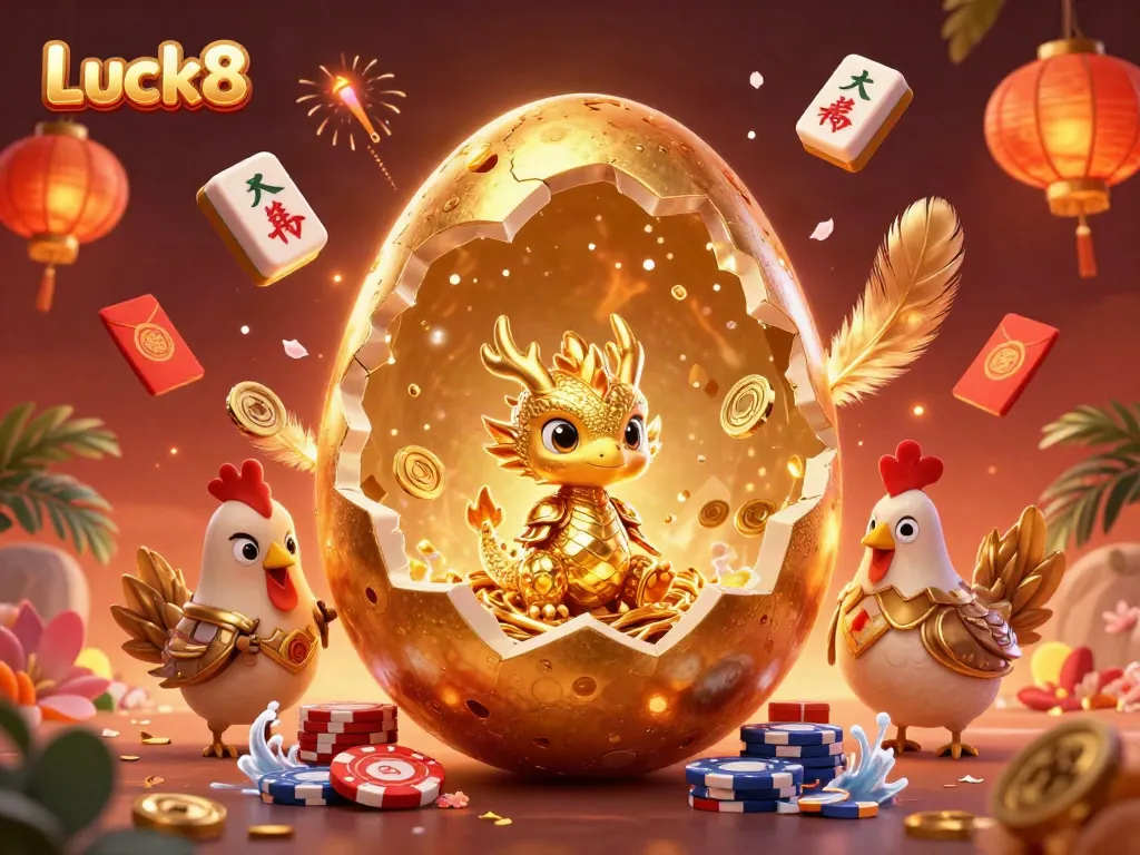 Engage with Luck8's vibrant casino world featuring a golden dragon, poker chips, and festive decorations.